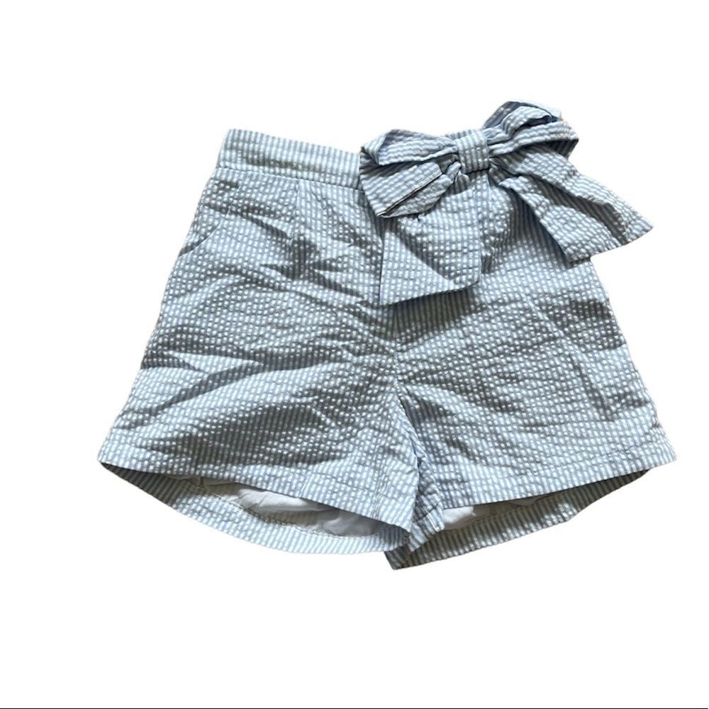 Counting Daisies Blue & White Seersucker Preppy Shorts with Bow